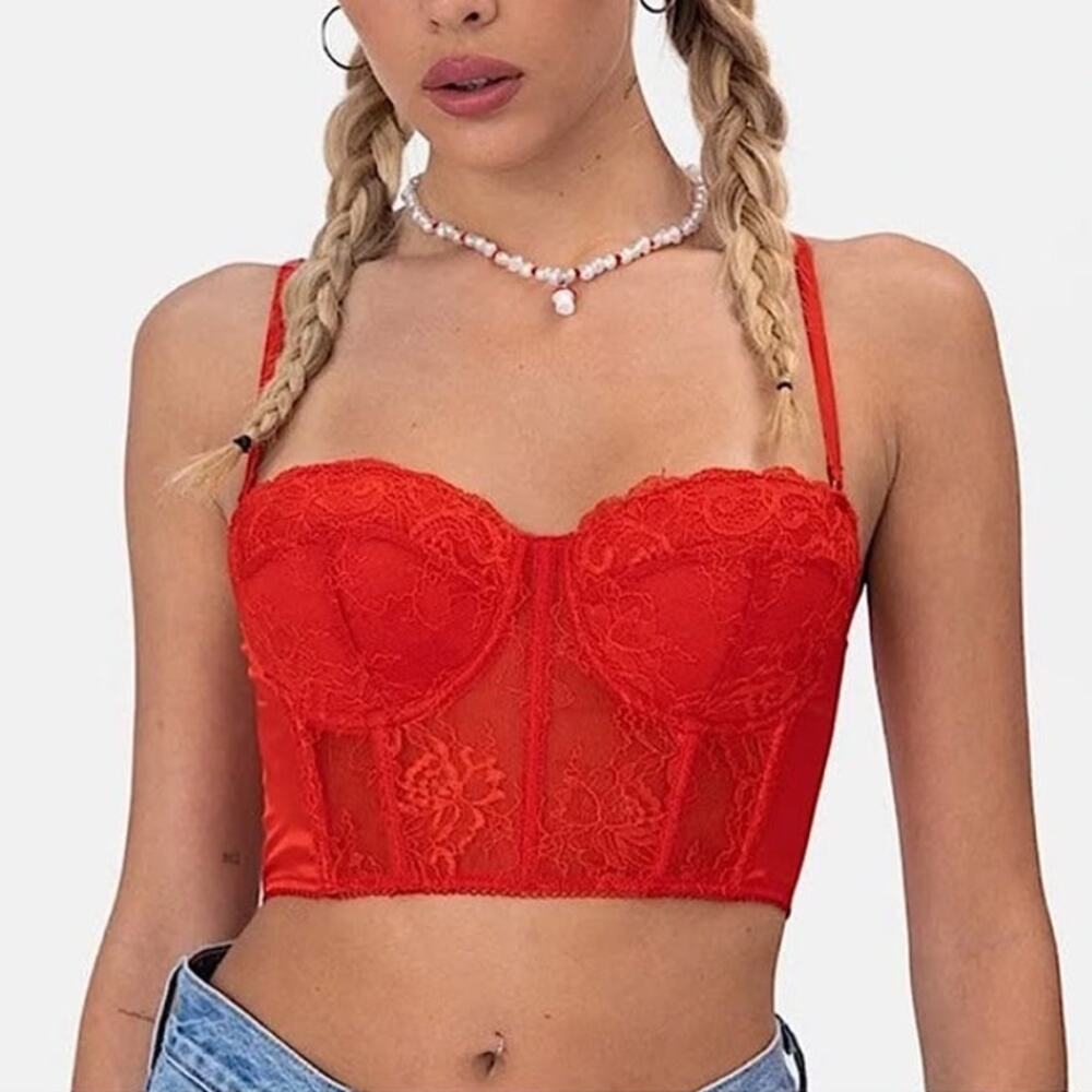 Adika Red Lace Bustier Hook & Eye Back Closure Cropped Tank Corset